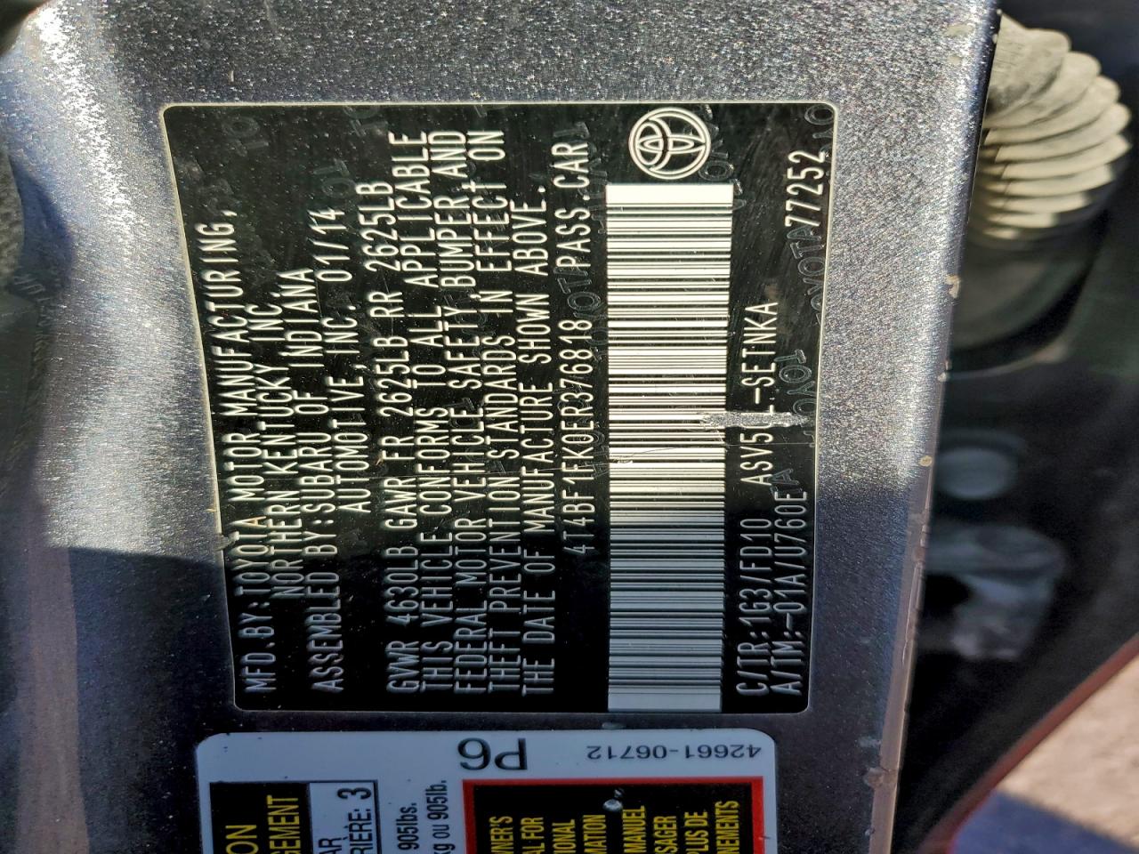 2014 TOYOTA CAMRY L photo 13
