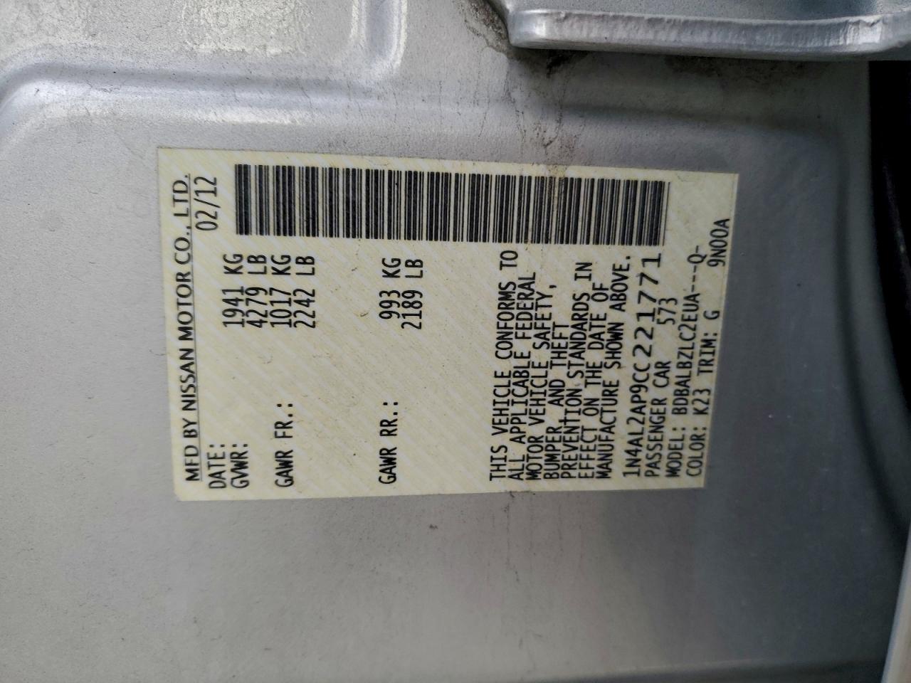2012 NISSAN ALTIMA BASE photo 12