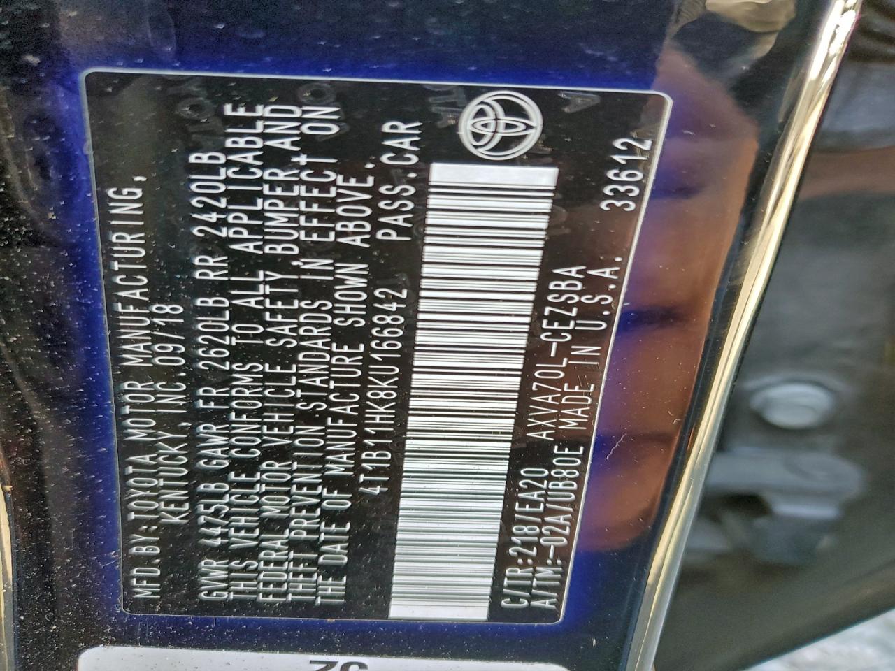 2019 TOYOTA CAMRY L photo 12