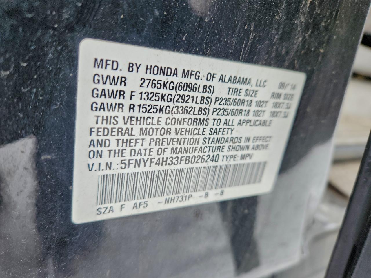 2015 HONDA PILOT SE photo 13