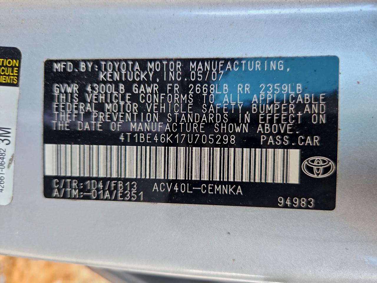 2007 TOYOTA CAMRY CE photo 12