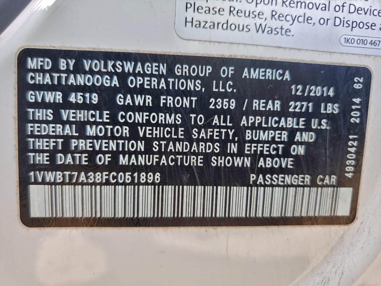 2015 VOLKSWAGEN PASSAT SE photo 12