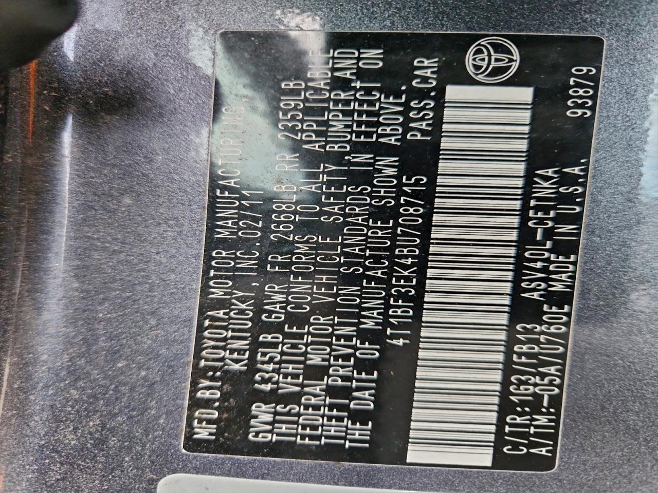 2011 TOYOTA CAMRY BASE photo 12