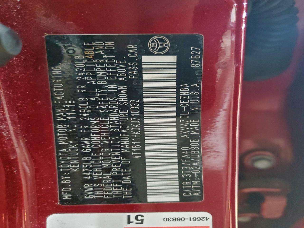 2019 TOYOTA CAMRY L photo 12