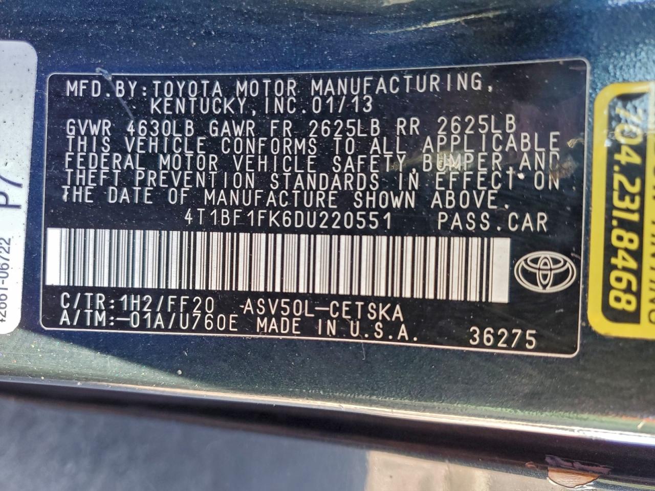 2013 TOYOTA CAMRY L photo 12