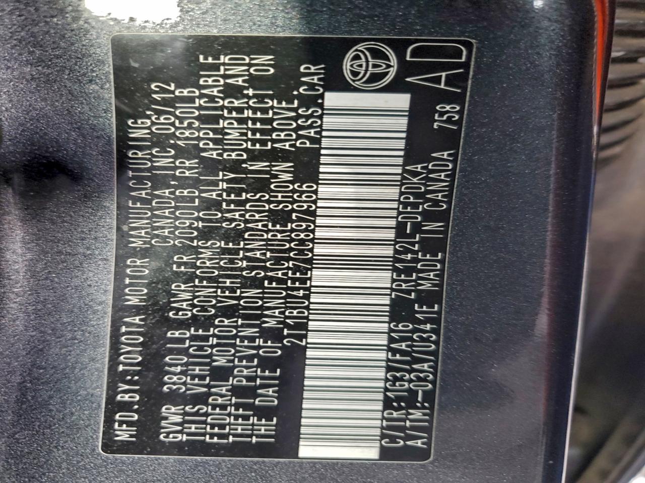 2012 TOYOTA COROLLA BASE photo 12
