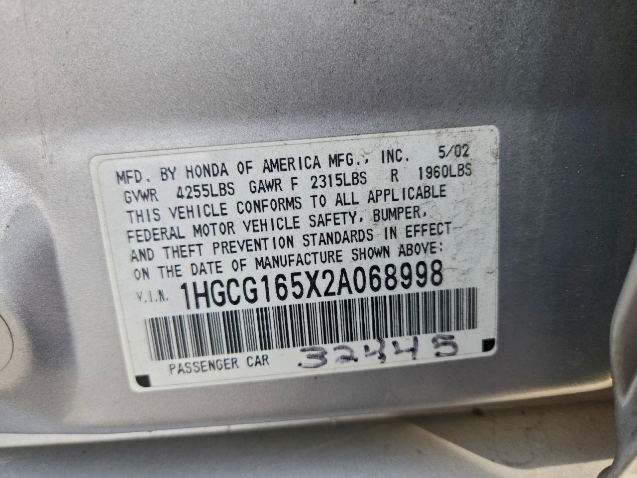 2002 HONDA ACCORD EX photo 12