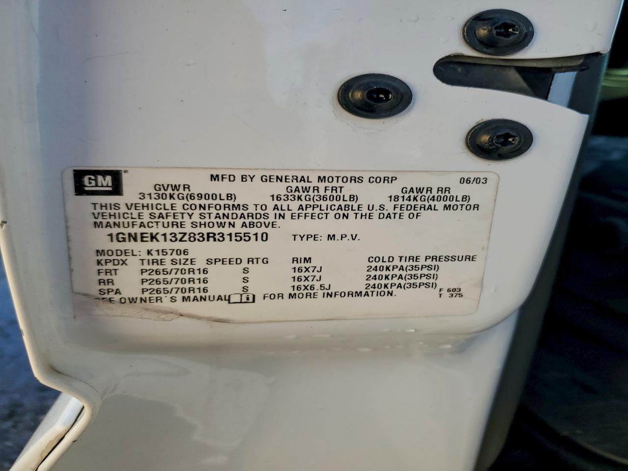 2003 CHEVROLET TAHOE K1500 photo 13