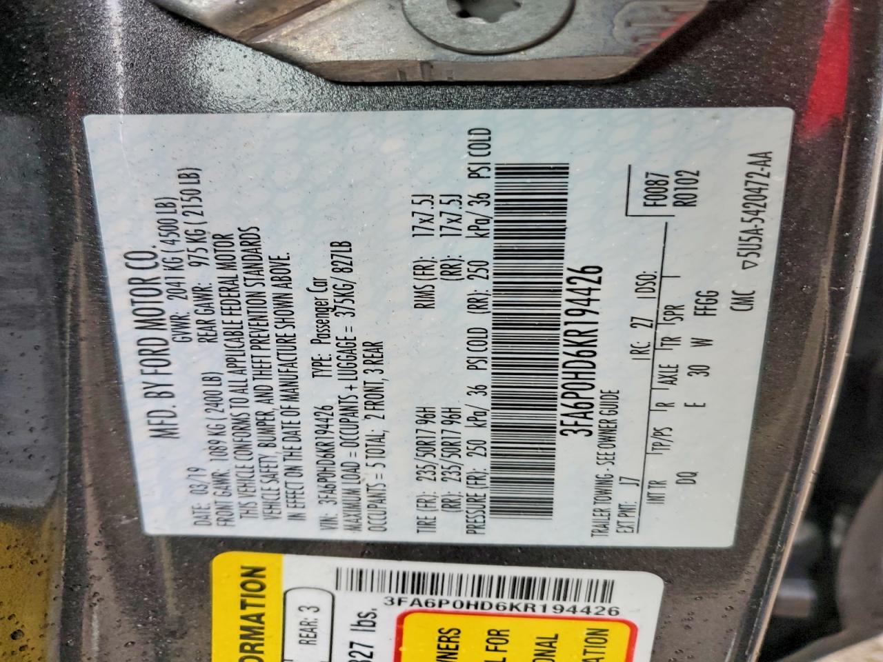 2019 FORD FUSION SE photo 12