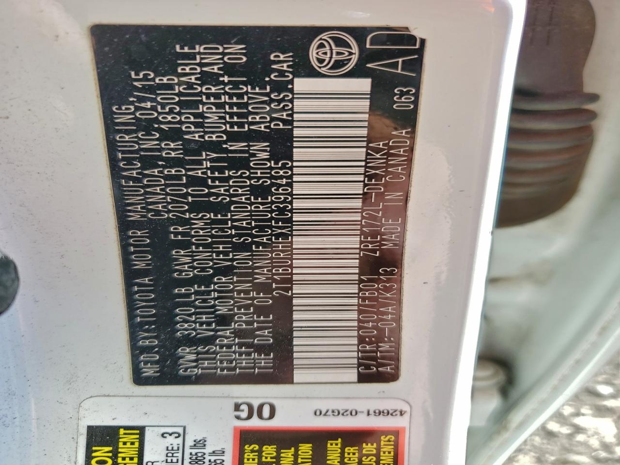 2015 TOYOTA COROLLA L photo 13
