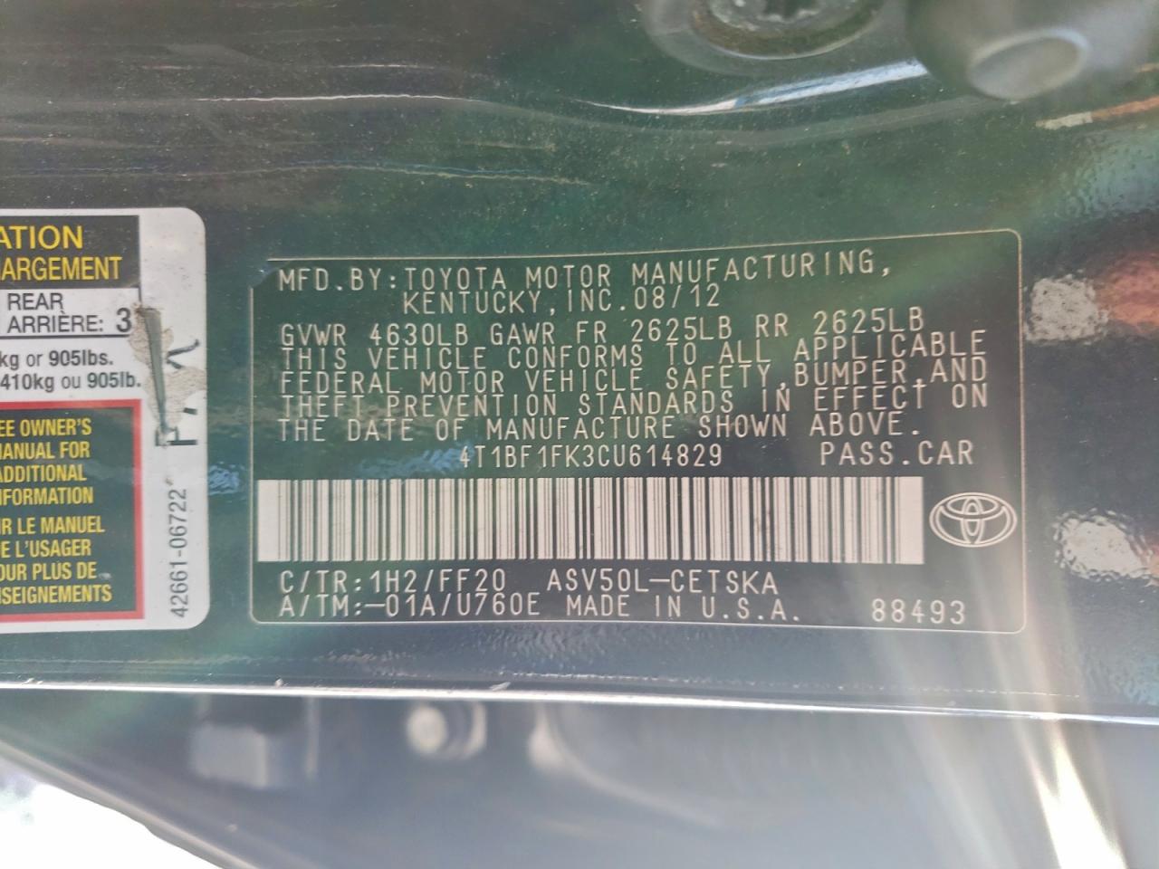 2012 TOYOTA CAMRY BASE photo 13