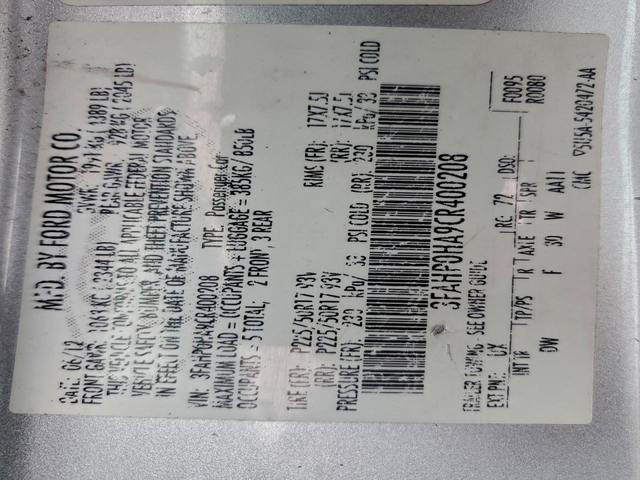 2012 FORD FUSION SE photo 12