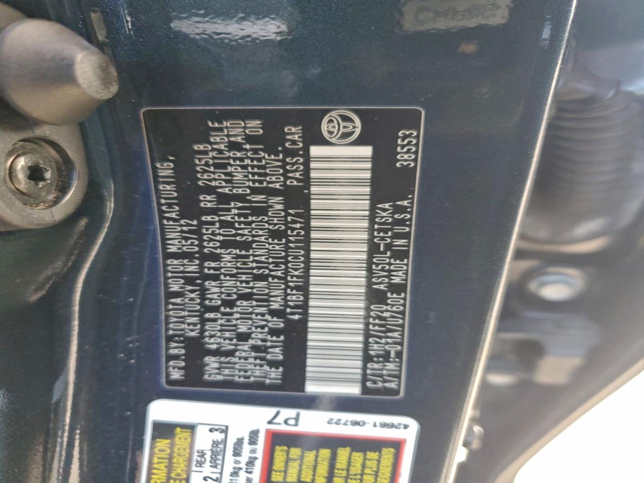 2012 TOYOTA CAMRY BASE photo 12