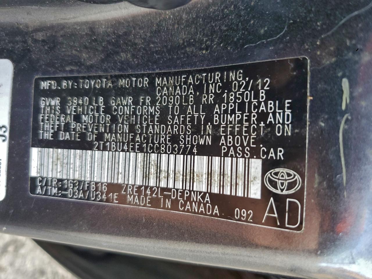 2012 TOYOTA COROLLA BASE photo 12