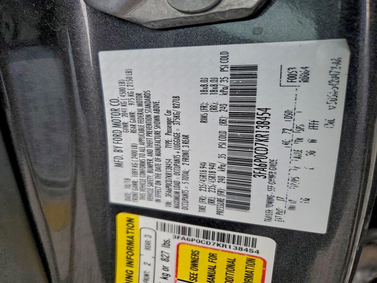 2019 FORD FUSION SEL photo 13