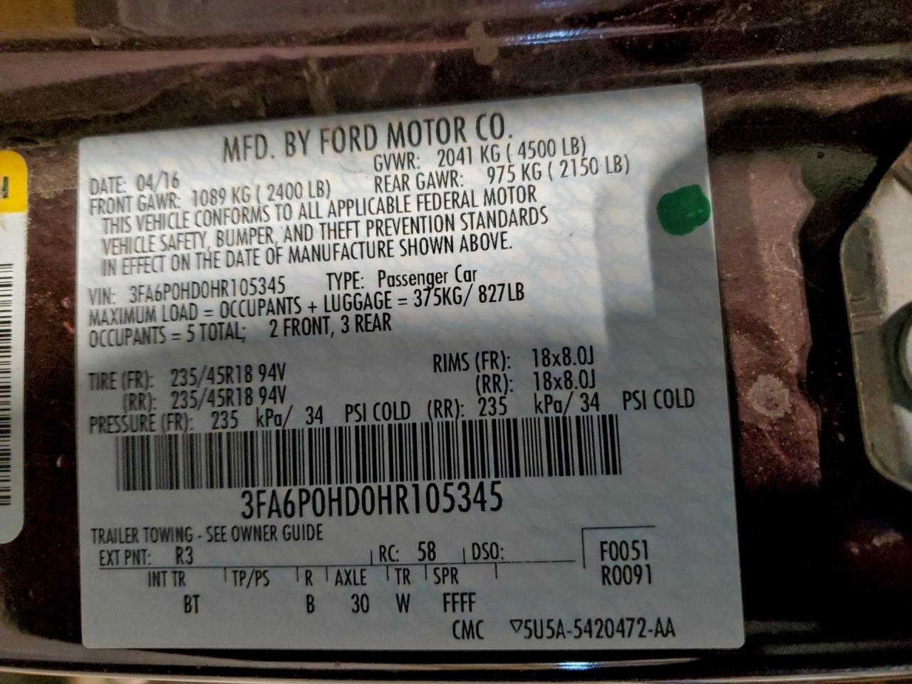 2017 FORD FUSION SE photo 12