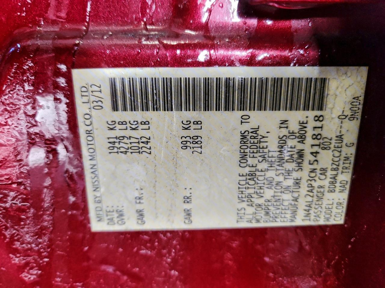 2012 NISSAN ALTIMA BASE photo 12