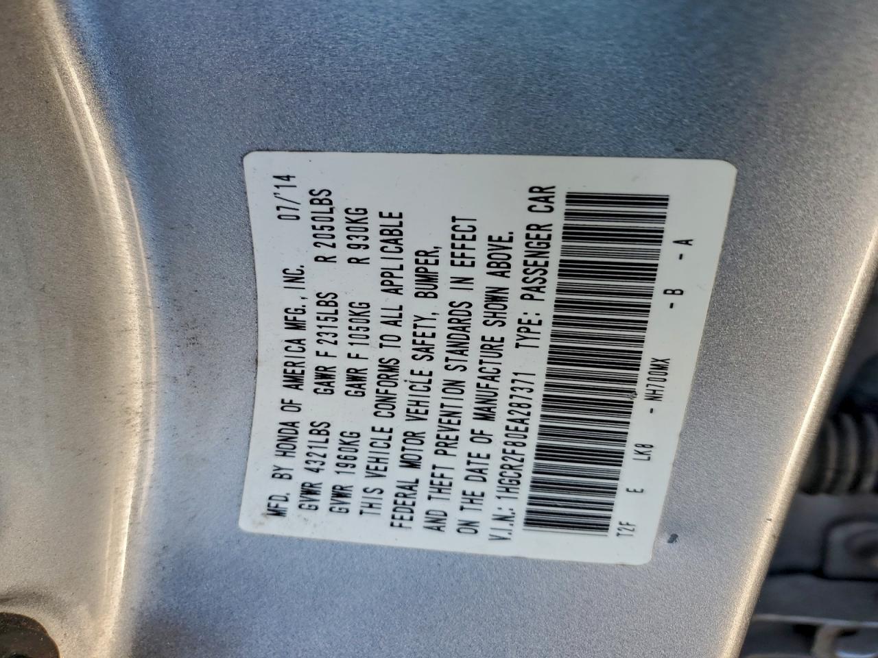 2014 HONDA ACCORD EXL photo 12