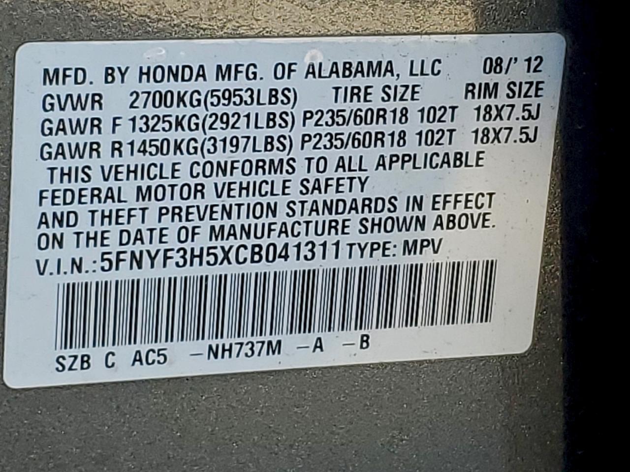 2012 HONDA PILOT EXL photo 14