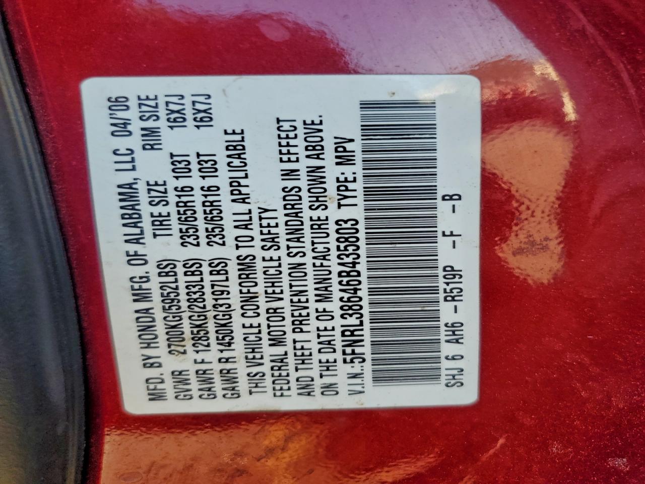 2006 HONDA ODYSSEY EXL photo 13