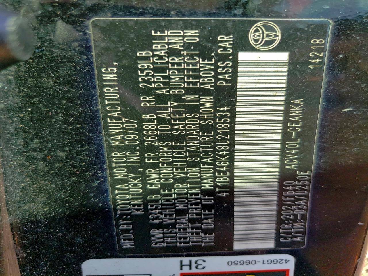 2008 TOYOTA CAMRY CE photo 12