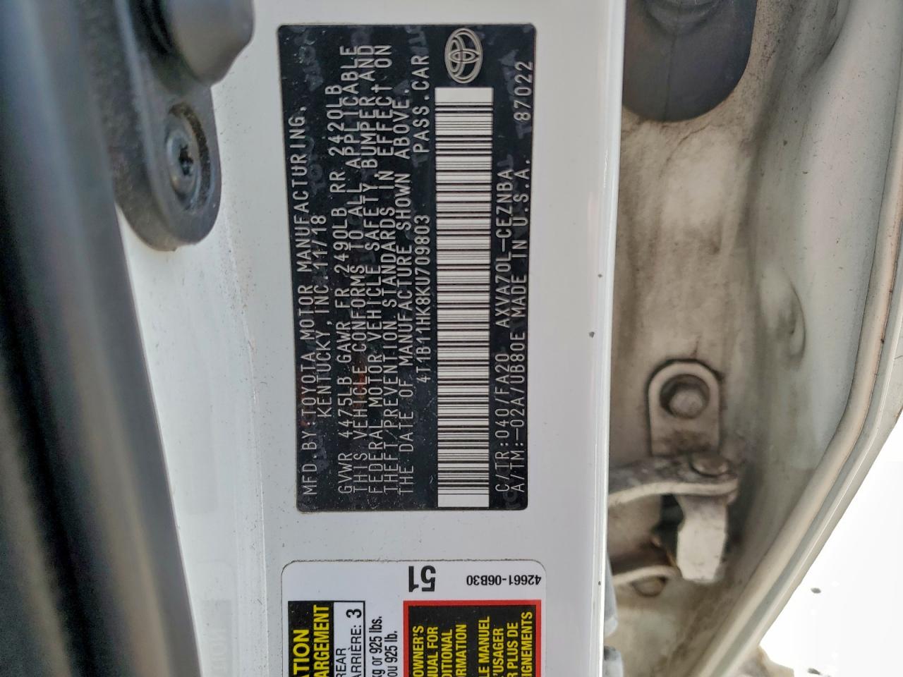 2019 TOYOTA CAMRY L photo 12