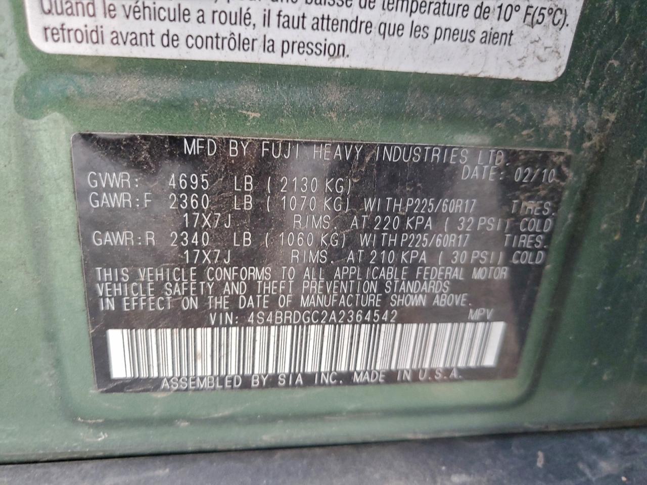 2010 SUBARU OUTBACK 3.6R PREMIUM photo 12