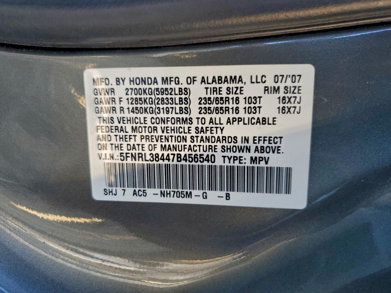 2007 HONDA ODYSSEY EX photo 13