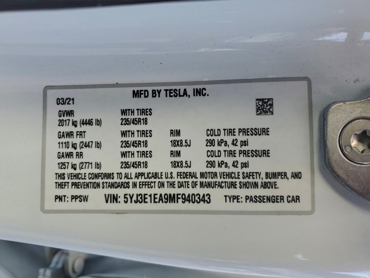 2021 TESLA MODEL 3 photo 12