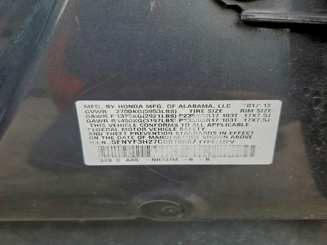 2012 HONDA PILOT LX photo 13
