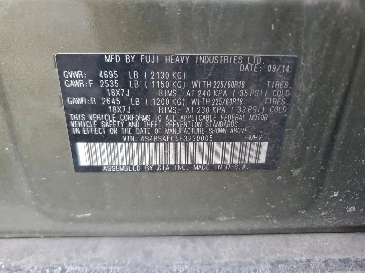 2015 SUBARU OUTBACK 2.5I LIMITED photo 12