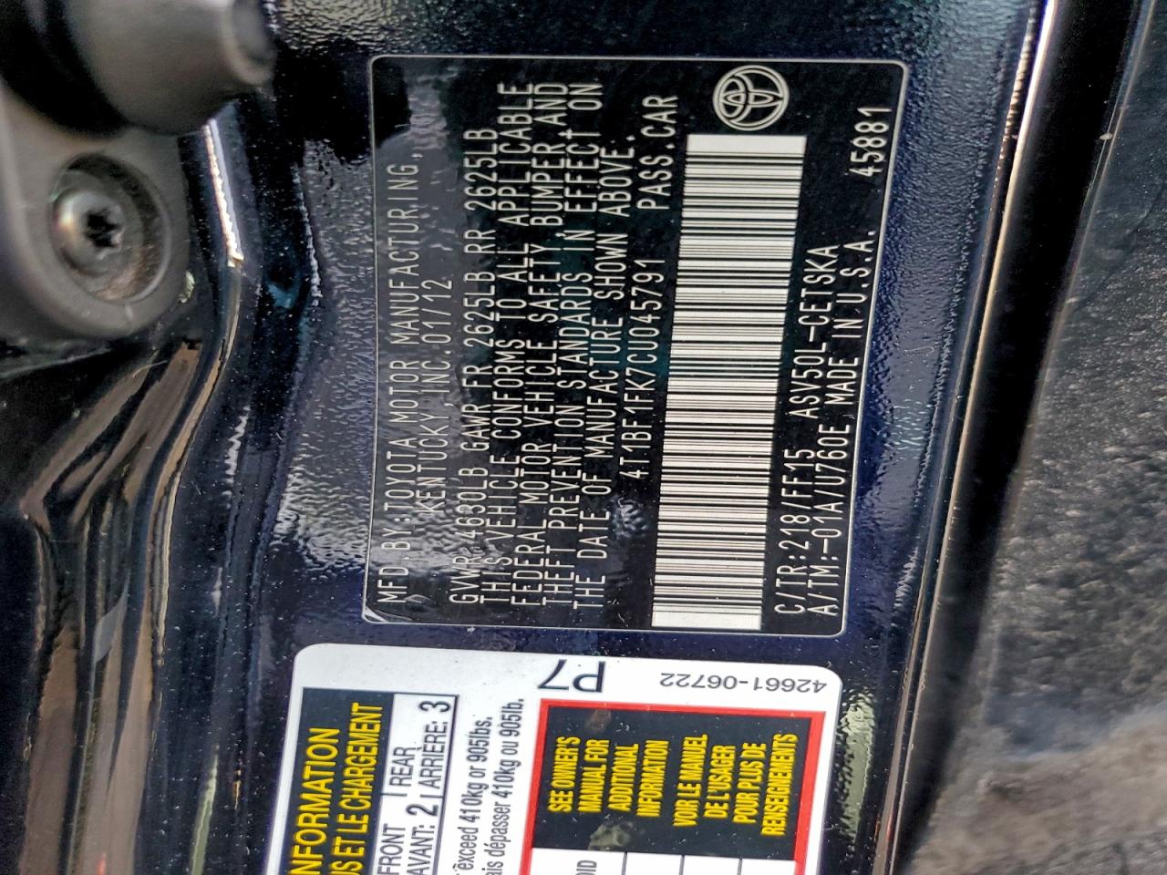 2012 TOYOTA CAMRY BASE photo 12
