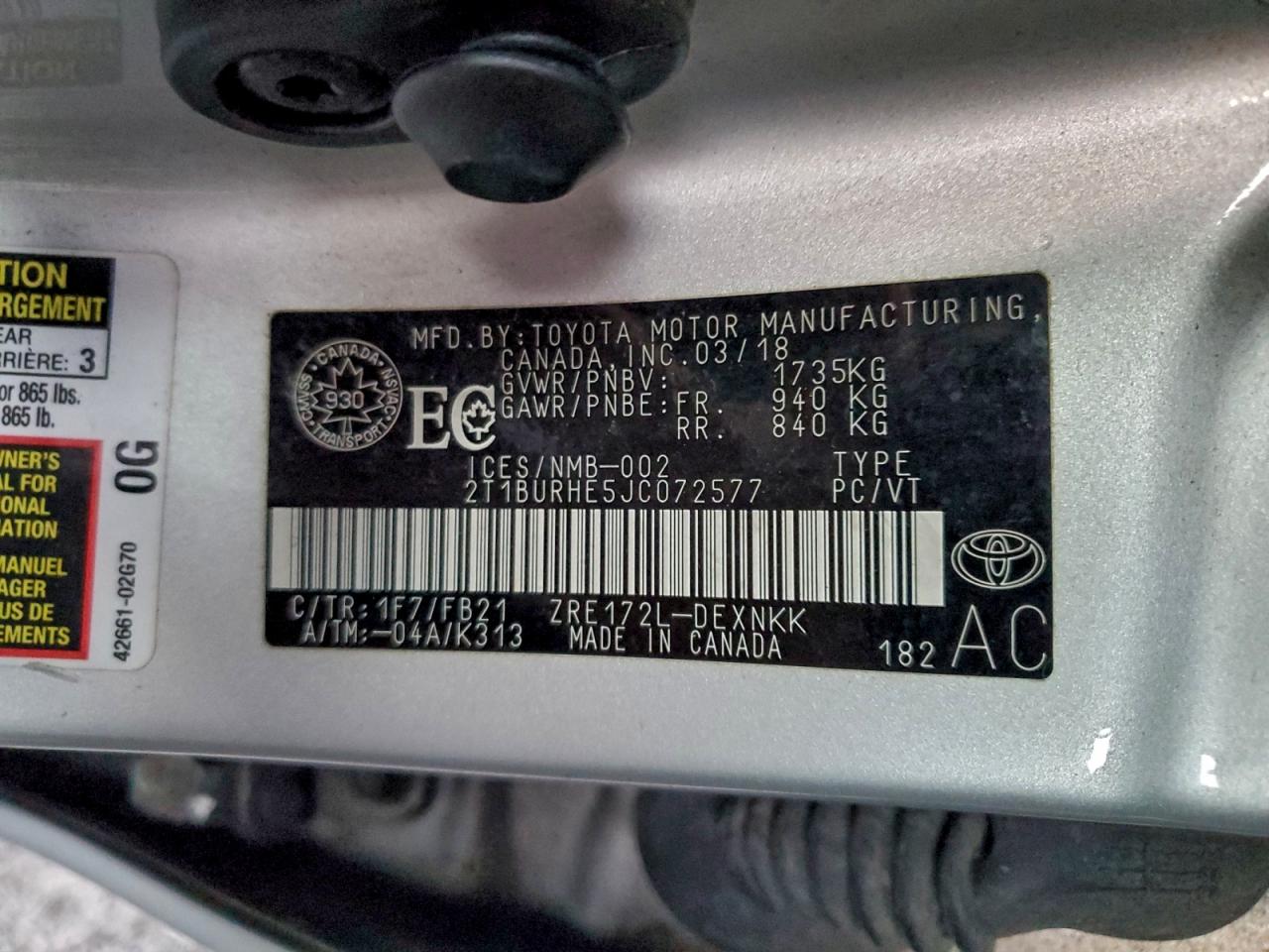 2018 TOYOTA COROLLA L photo 12