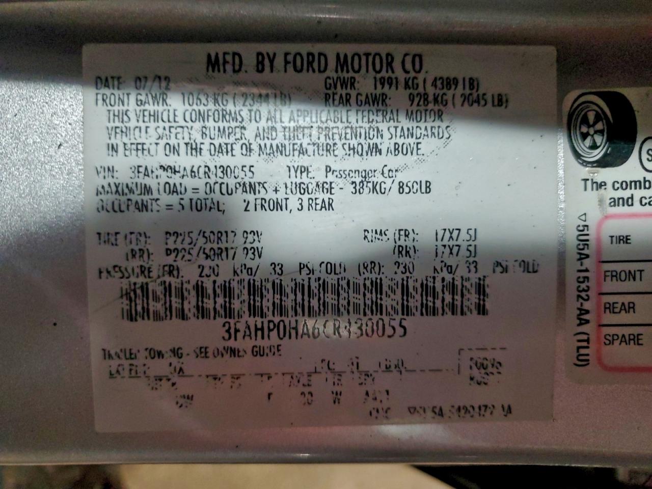 2012 FORD FUSION SE photo 12