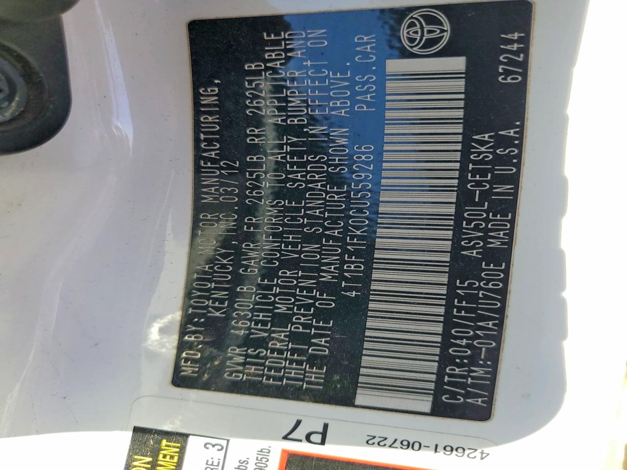 2012 TOYOTA CAMRY BASE photo 12