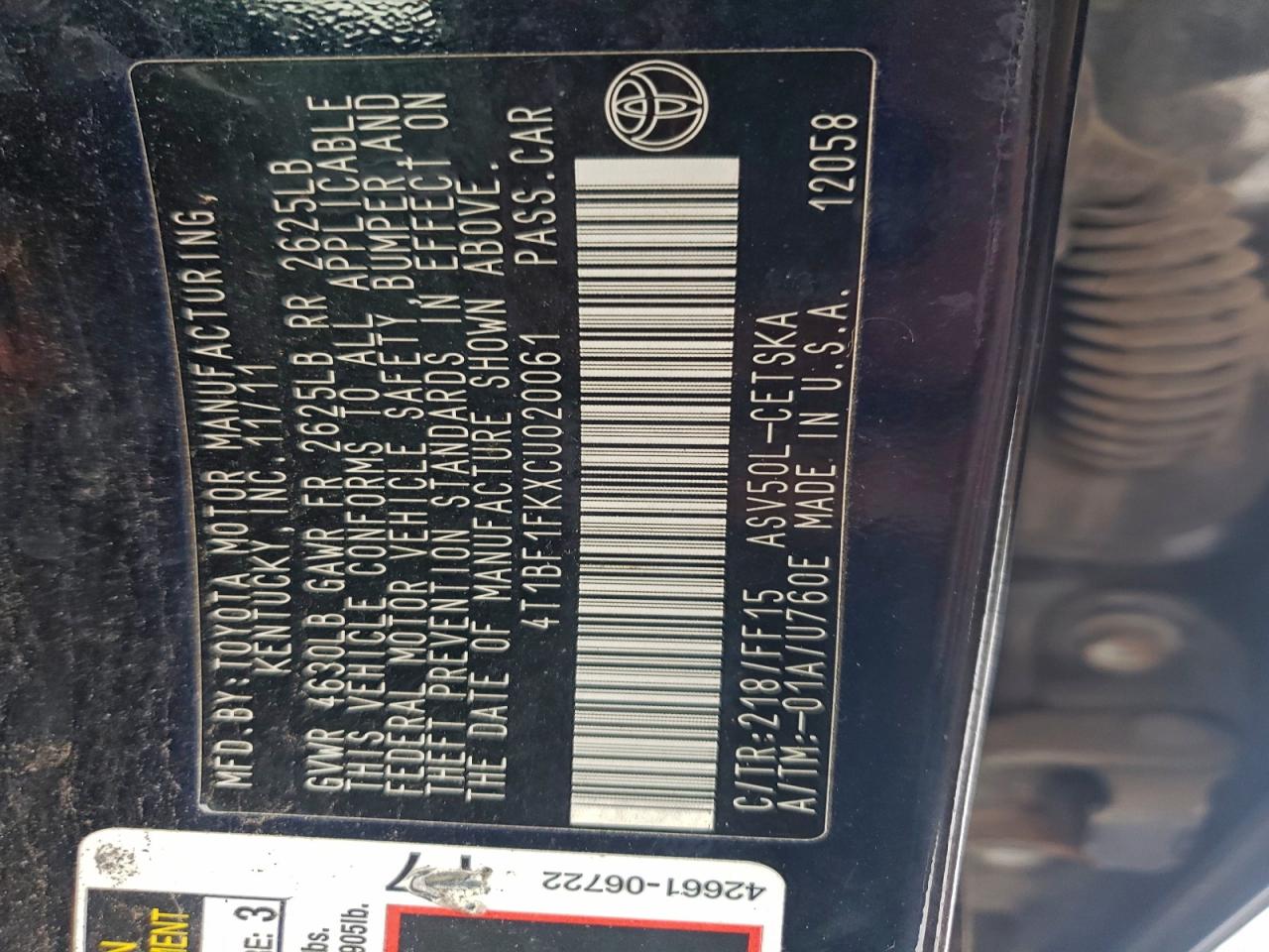 2012 TOYOTA CAMRY BASE photo 12