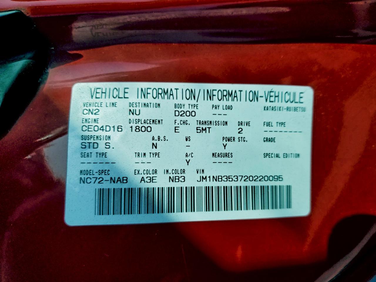 2002 MAZDA MX-5 MIATA BASE photo 12