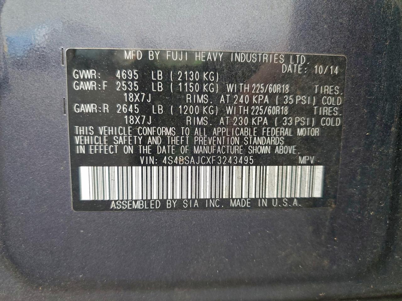 2015 SUBARU OUTBACK 2.5I LIMITED photo 12