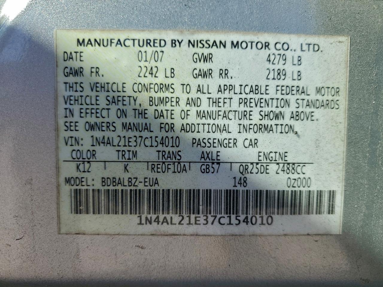 2007 NISSAN ALTIMA 2.5 photo 12