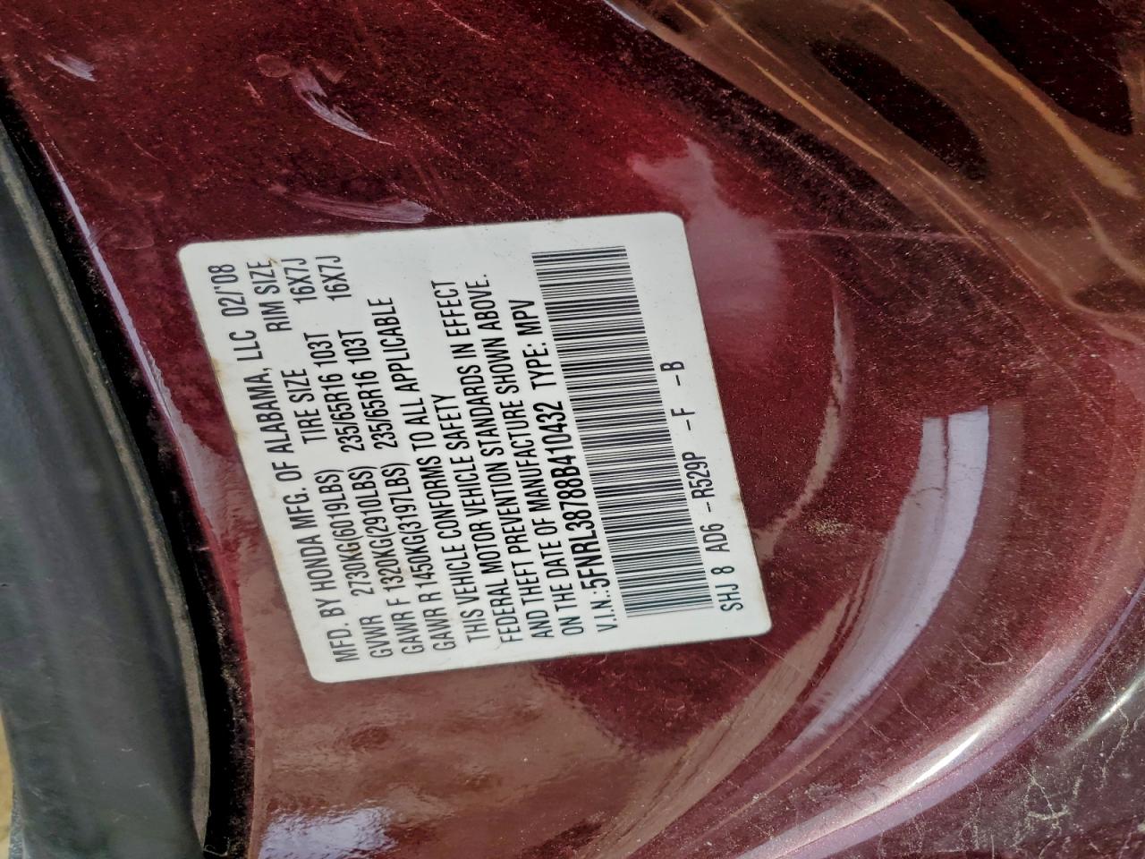 2008 HONDA ODYSSEY EXL photo 12