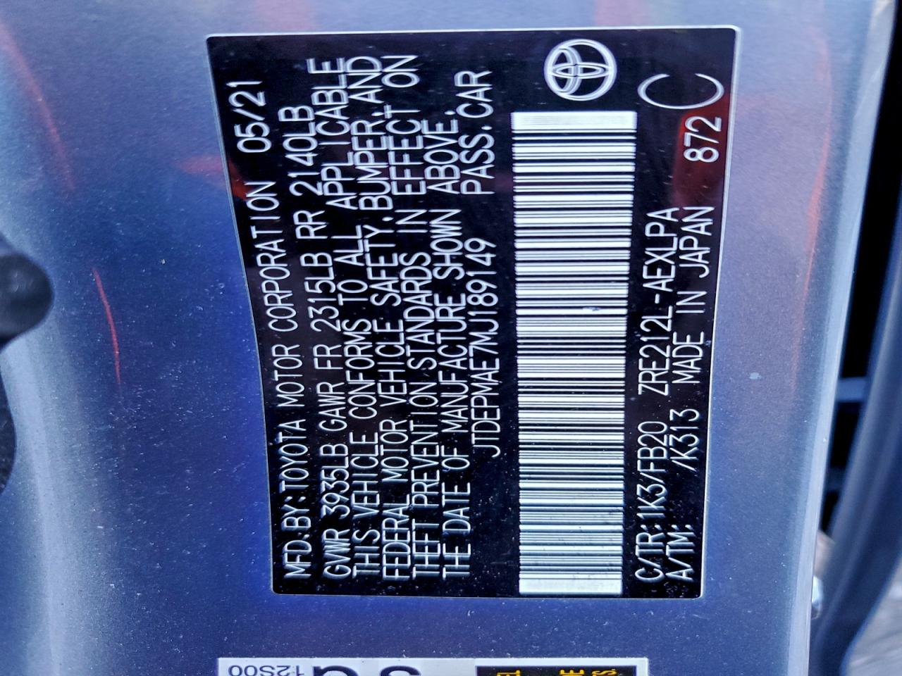 2021 TOYOTA COROLLA LE photo 12