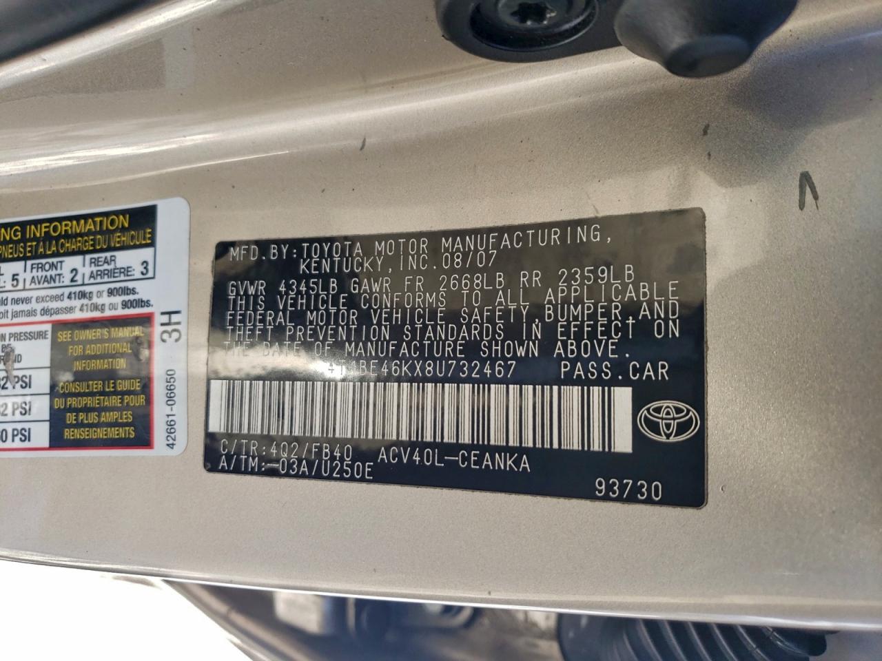 2008 TOYOTA CAMRY CE photo 12