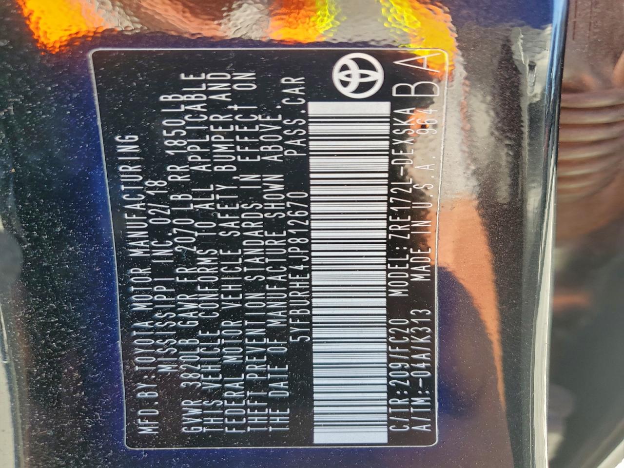 2018 TOYOTA COROLLA L photo 12