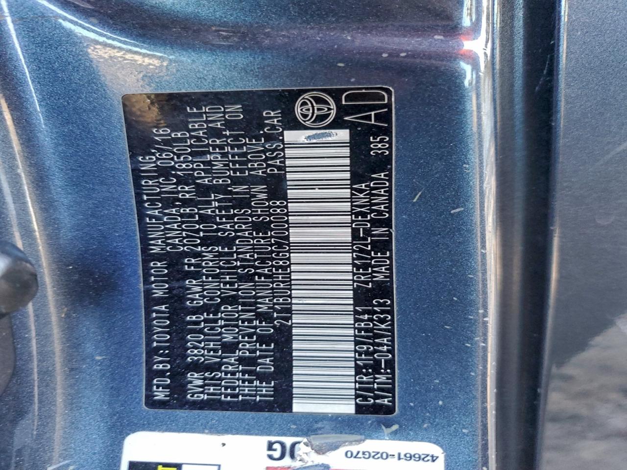 2016 TOYOTA COROLLA L photo 12