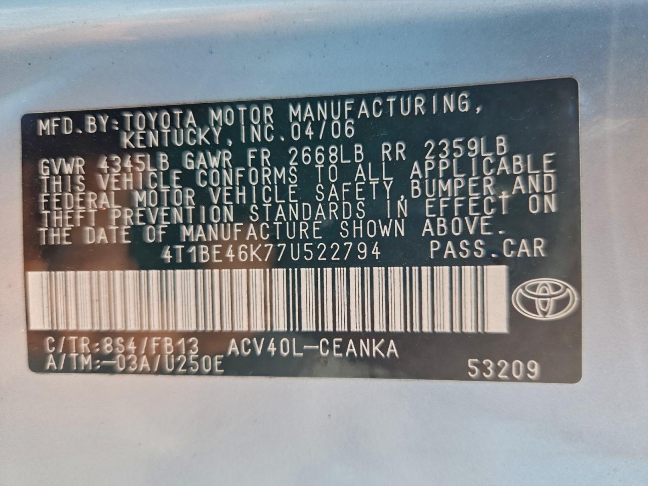 2007 TOYOTA CAMRY LE photo 13