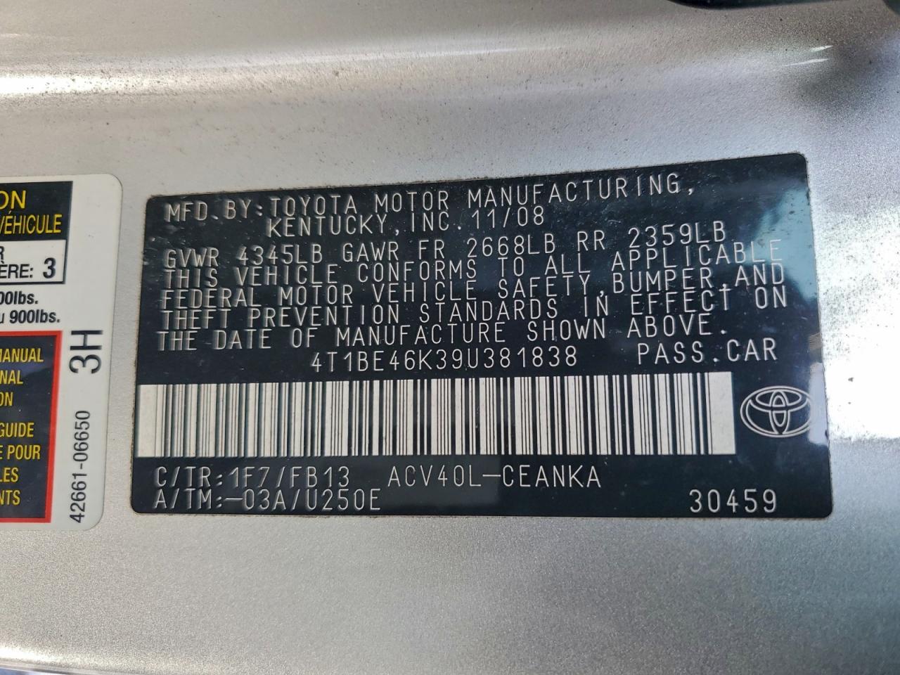 2009 TOYOTA CAMRY BASE photo 12