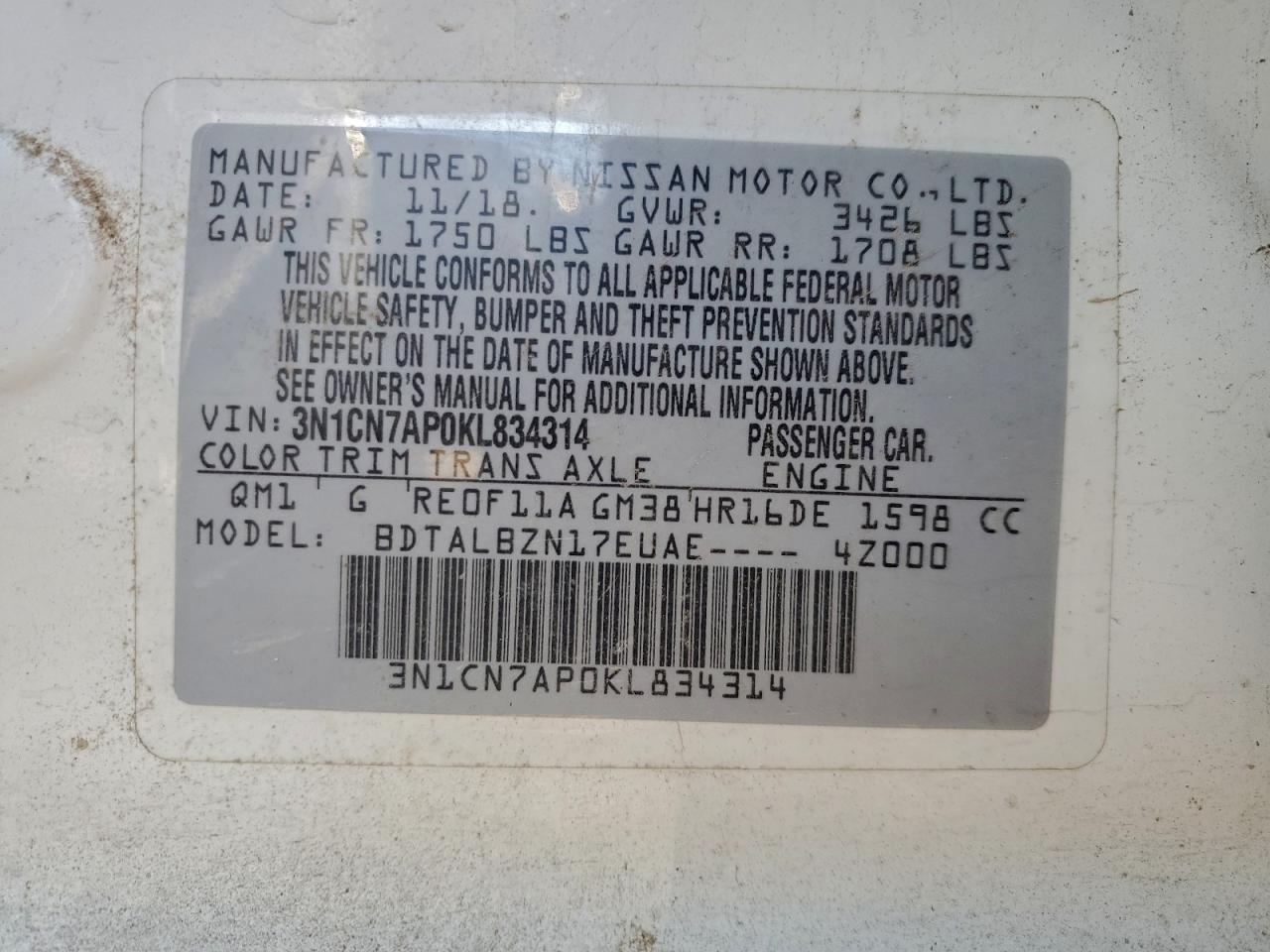 2019 NISSAN VERSA S photo 13