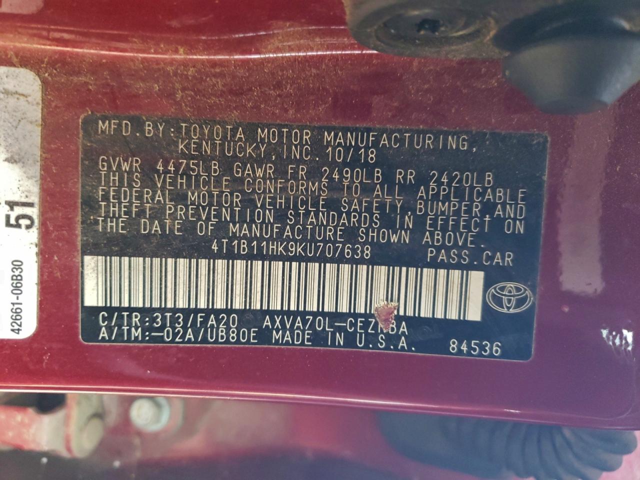 2019 TOYOTA CAMRY L photo 12