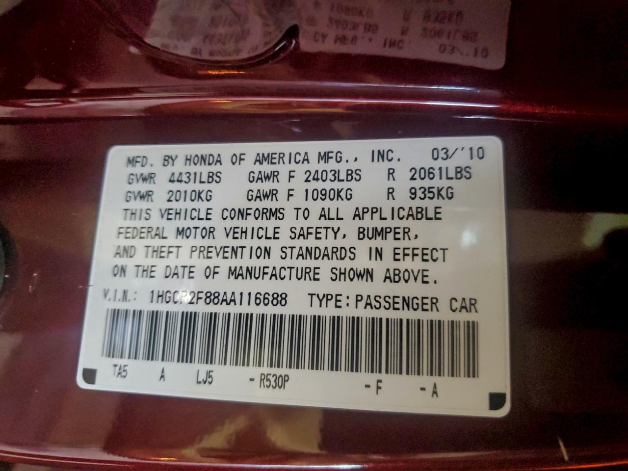 2010 HONDA ACCORD EXL photo 12