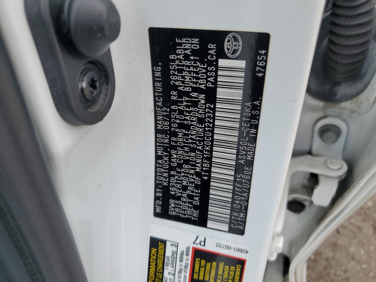 2012 TOYOTA CAMRY BASE photo 12